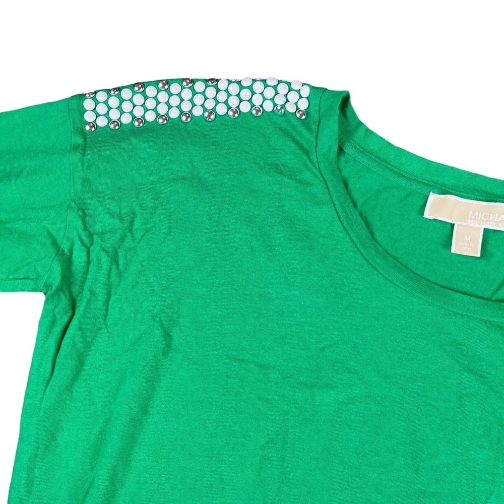 Michael Kors Green Shirt Beaded White Silver Long Sleeve Top Women's Size Medium